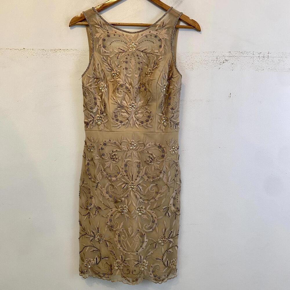 SUE WONG beige floral beaded embroidered A-line mini dress sz 8
